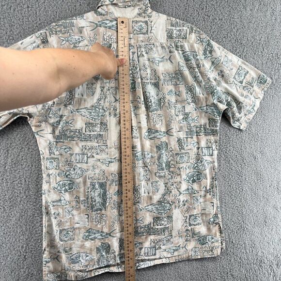 VTG Hook & Tackle Men's Medium Fish Pattern Button Camp Shirt Tan Green Fishing - Picture 12 of 13